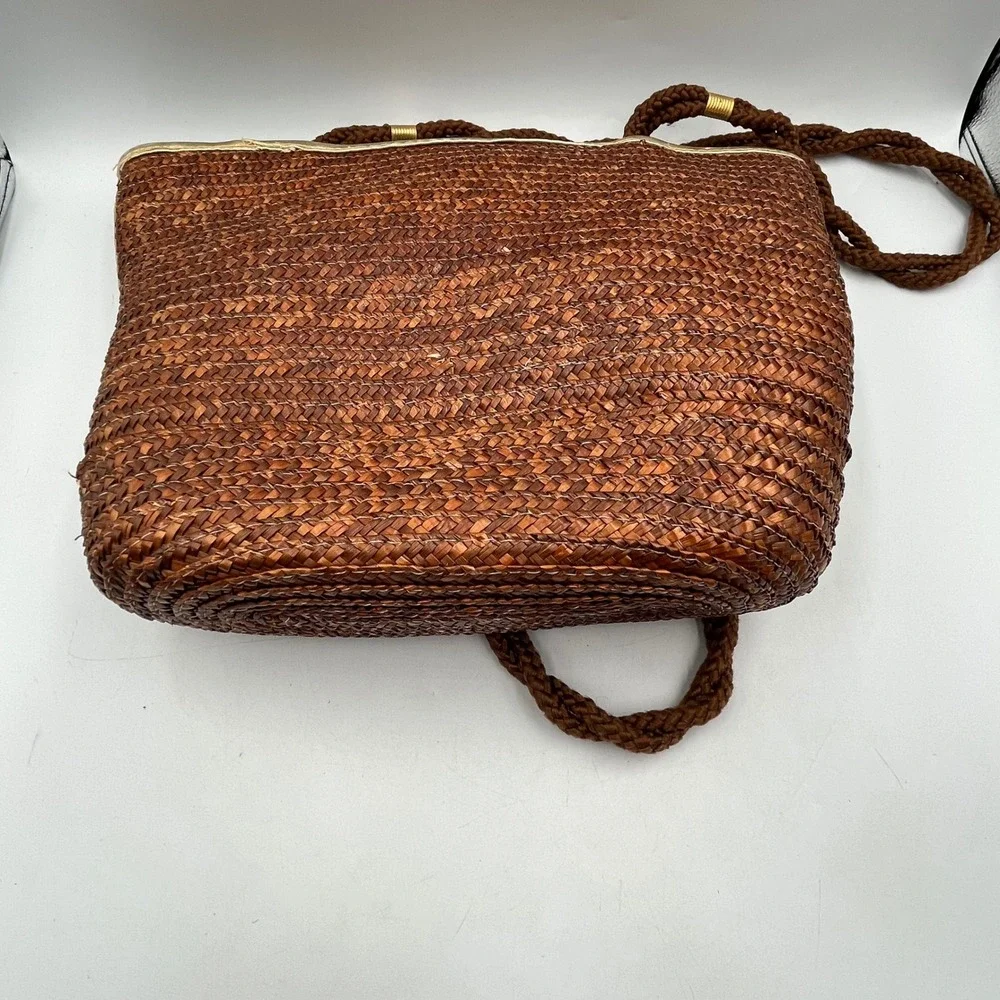 Worthington Tote Bag Brown Womens Woven Straw Gold Trim H 10 x W 14 x D 4.5 in